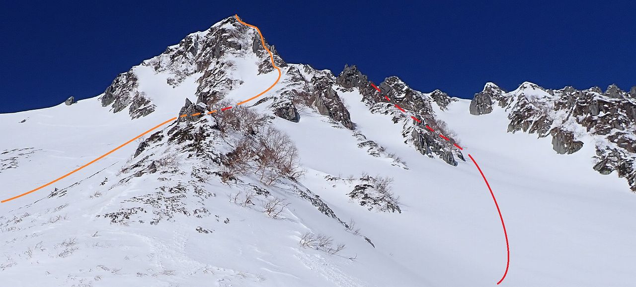 サギダル尾根の登攀ルートとスキー滑降ライン。オレンジが登攀ルート、赤が滑降ルート。 宝剣岳 サギダル尾根 冬期アルパインクライミング 千畳敷カール バックカントリー 山スキー