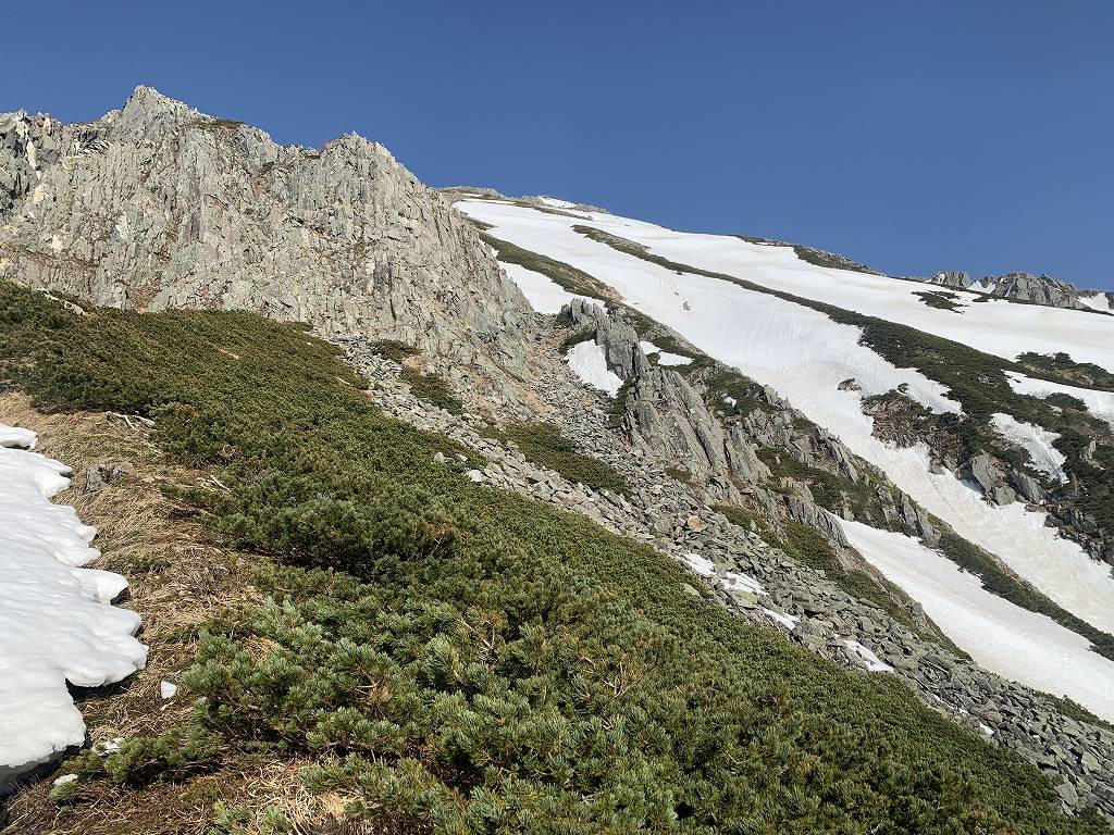 滝谷F沢のコルから稜線伝いに涸沢岳方面に20mほど歩いてからハイマツをヤブ漕ぎしてガレ場に出た。ガレ場を抜けると雪があった。バックカントリー 山スキー